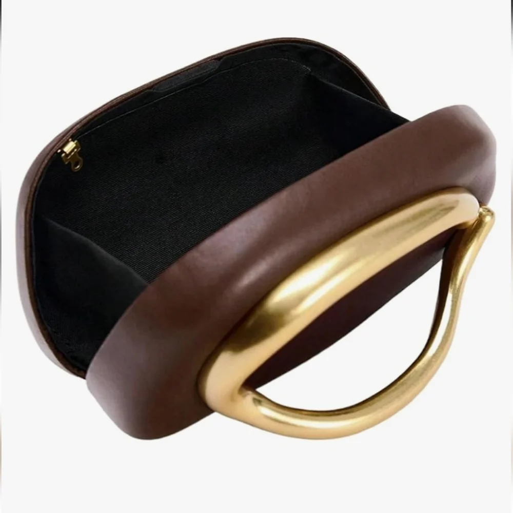 Chic Brown Bag with Metal Handle Clutch